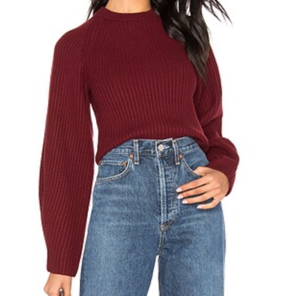 Theory Sculpted Sleeve Crew Merino Wool Pullover Deep Mulberry